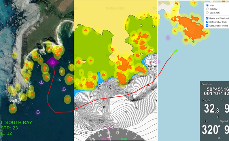 Screenshot combining three map modes of the SeeReef app