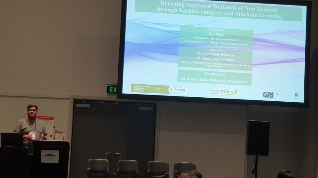 Saif Khan is talking about detection of vegetated Wetlands of NZ through Satellite Imagery and Machine Learning.